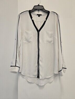 Metaphor White Button-Down Blouse with Black Trim